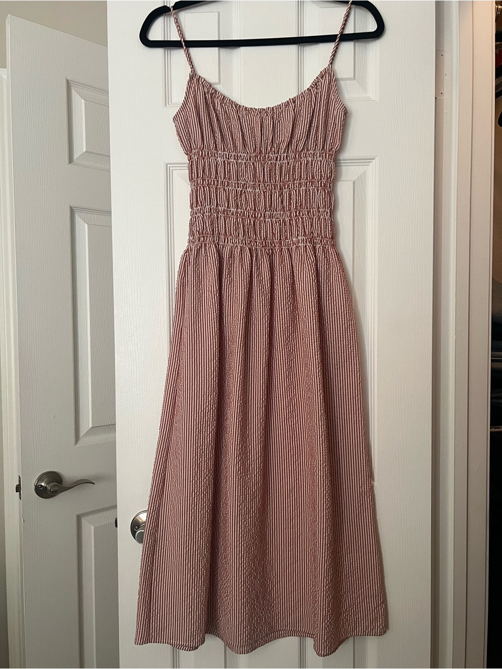 WAYF Smocked Strappy Midi Dress - red and white